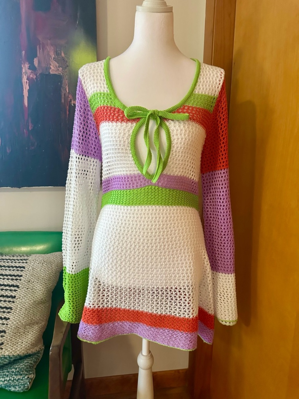 Crochet Knit Women’s Swim Cover-Up in White with Green, Purple & Coral Stripes